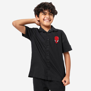 BONKIDS BOYS Black Spiderman Embroidery Half Sleeve SHIRTS