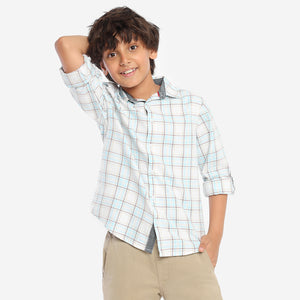 Boys White Blue Checks Full Sleeves Shirt