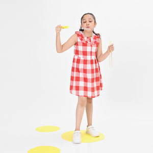 Girls Checks Red And White Dress