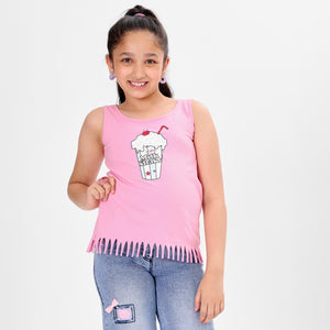 Girls Fringed Embonished Sleeveless Cotton Tshirt